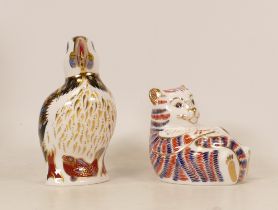 Royal Crown Derby paperweights Puffin and Tiger cub, gold stoppers, each boxed (2)