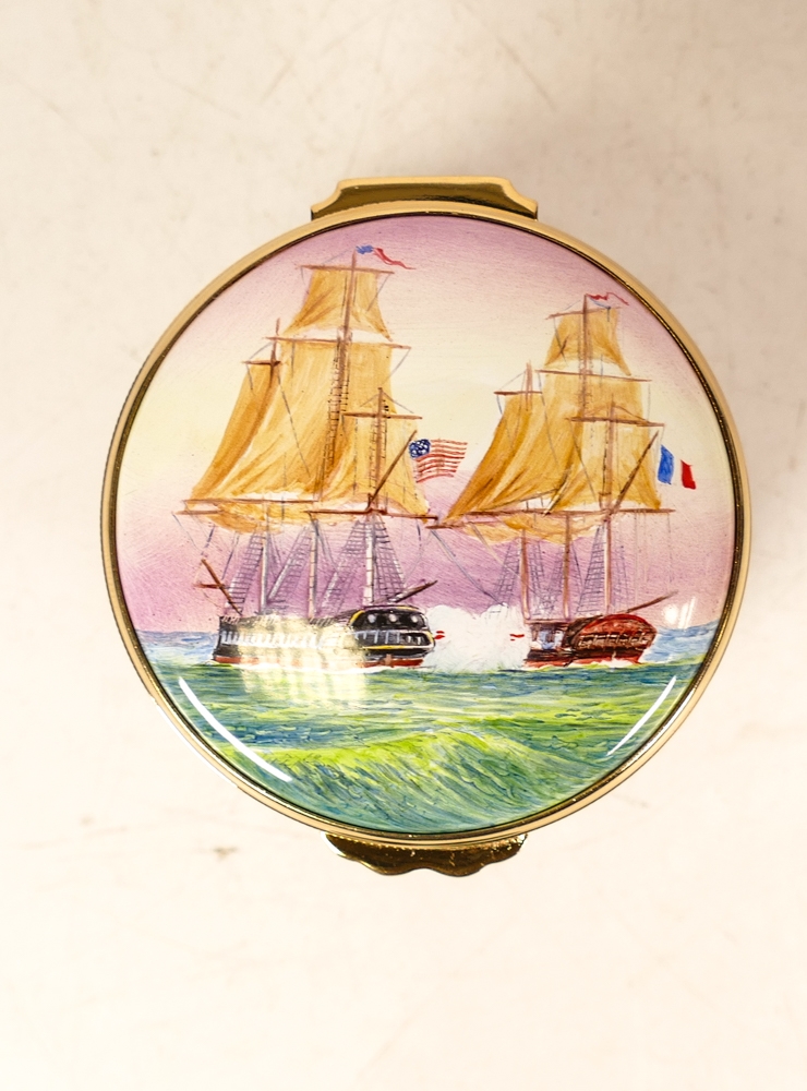 Moorcroft enamel USS Constitution round lidded box by Peter Graves , Limited edition 1/15. Boxed - Image 4 of 7