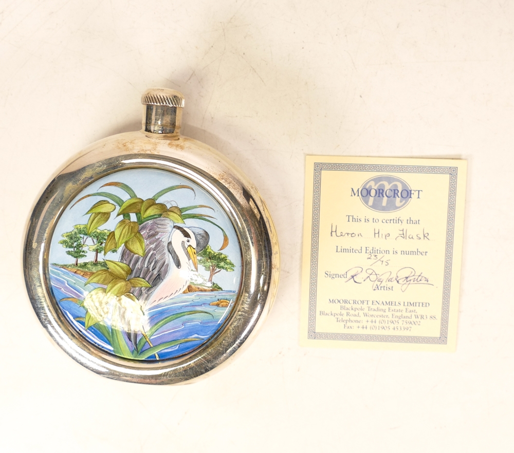 Moorcroft enamel and silver Heron hip flask by R Douglas Ryder , Limited edition 23/75. Boxed with - Image 2 of 3