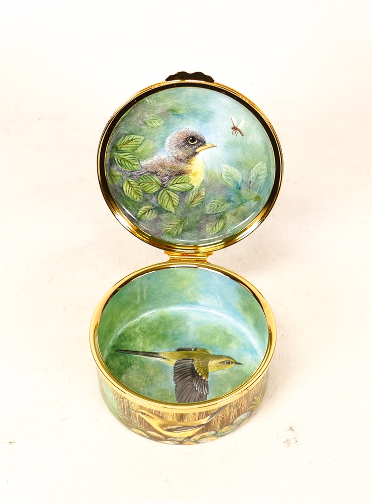 Moorcroft enamel Yellow Wagtail round lidded box by Terry Halloran , Limited edition 29/75. Boxed - Image 6 of 6