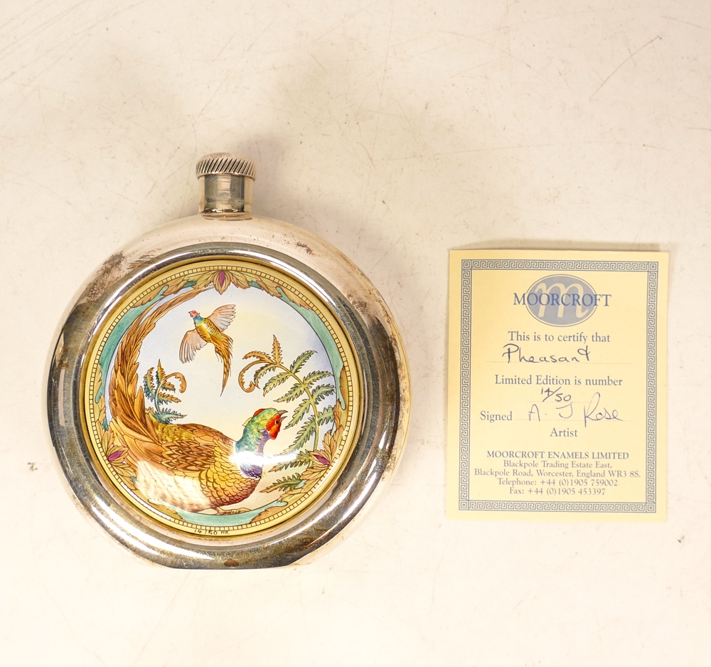 Moorcroft enamel and silver Pheasant hip flask by Amanda Rose , Limited edition 14/50. Boxed with - Image 2 of 3