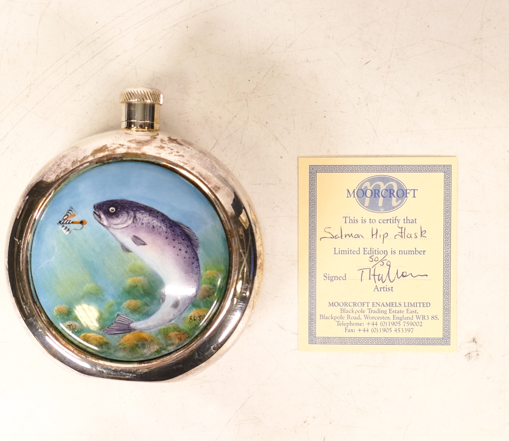 Moorcroft enamel and silver Salmon hip flask by Terry Halloran , Limited edition 50/50. Boxed with - Image 3 of 4