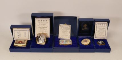 Halcyon days enamelled lidded boxes to include Ball on Shipboard , Lady Windermere's Fan , Lloyds of