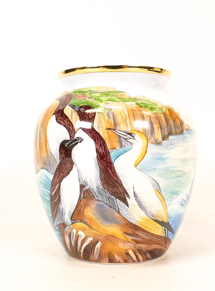 Moorcroft enamel Lundy Island vase by R Douglas Ryder , Limited edition62/75. Boxed with - Image 3 of 5