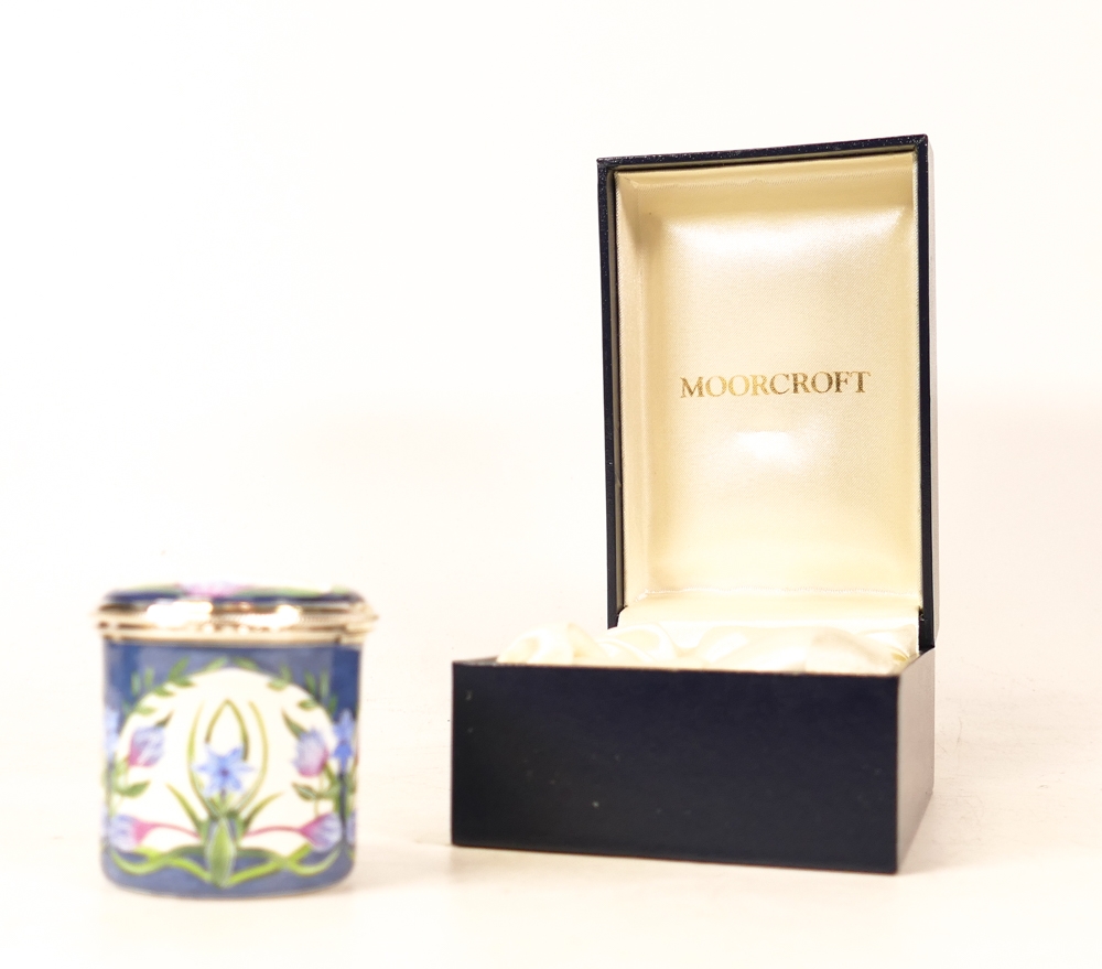 Moorcroft enamel Keffer Lily round lidded box by R Douglas Ryder ,Two star collectors club piece ,