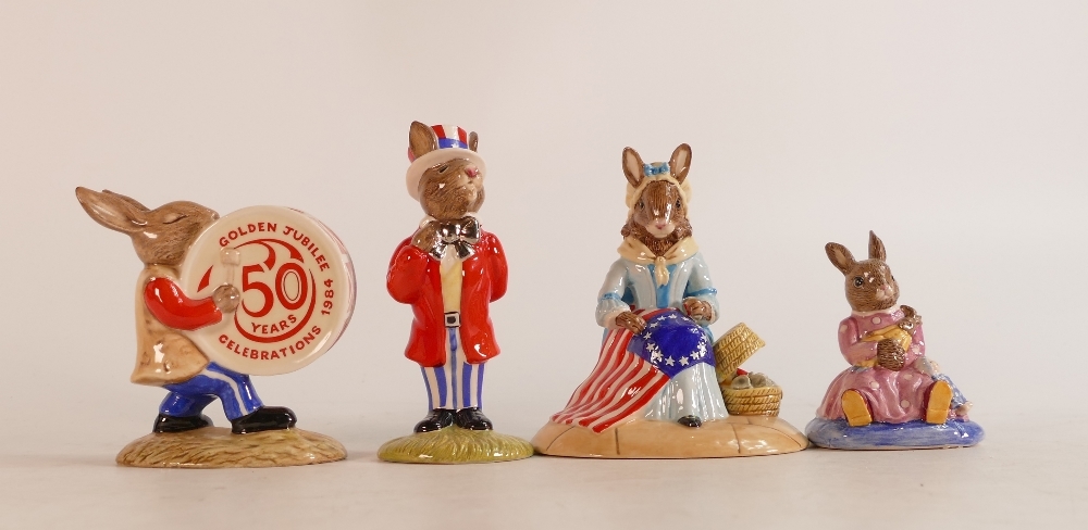 Royal Doulton Bunnykins figures Betsy Ross from American Heritage Series DB313, Uncle Sam DB175,