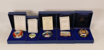 Halcyon days enamelled lidded boxes to include Her Majesty Queen Victoria , Hong Kong Harbour ,