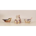 Royal Crown Derby paperweights Tiger Cub, Nuthatch and Goldcrest, gold stoppers, each boxed (3)