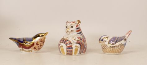 Royal Crown Derby paperweights Tiger Cub, Nuthatch and Goldcrest, gold stoppers, each boxed (3)