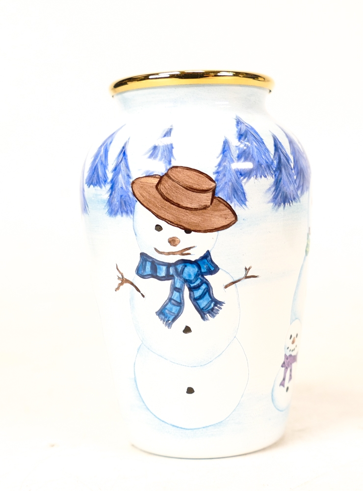 Moorcroft enamel Snowman vase Christmas 2000 by R Douglas Ryder. Boxed, height 7cm - Image 3 of 4