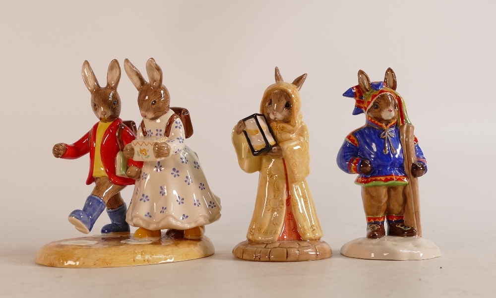 Royal Doulton Bunnykins figures Sands of Time DB299, Off to School DB498 and Winter Lapland DB297,