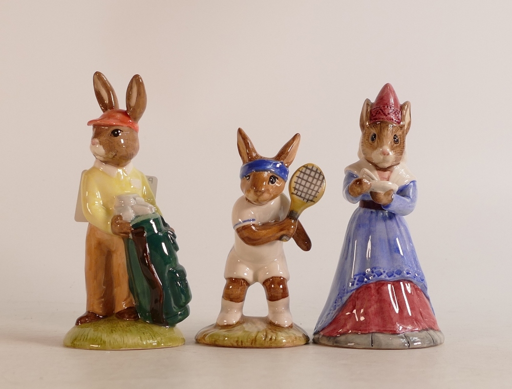 Royal Doulton Bunnykins figures Caddie DB271, Bogey DB32 and Ace DB42, boxed (3)