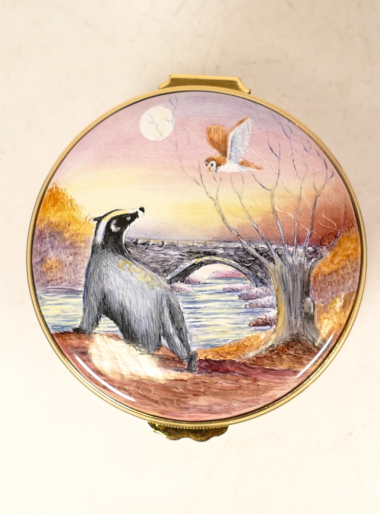 Moorcroft enamel Badgers Moon round lidded box by Peter Graves , Limited edition 41/50. Boxed with - Image 4 of 7
