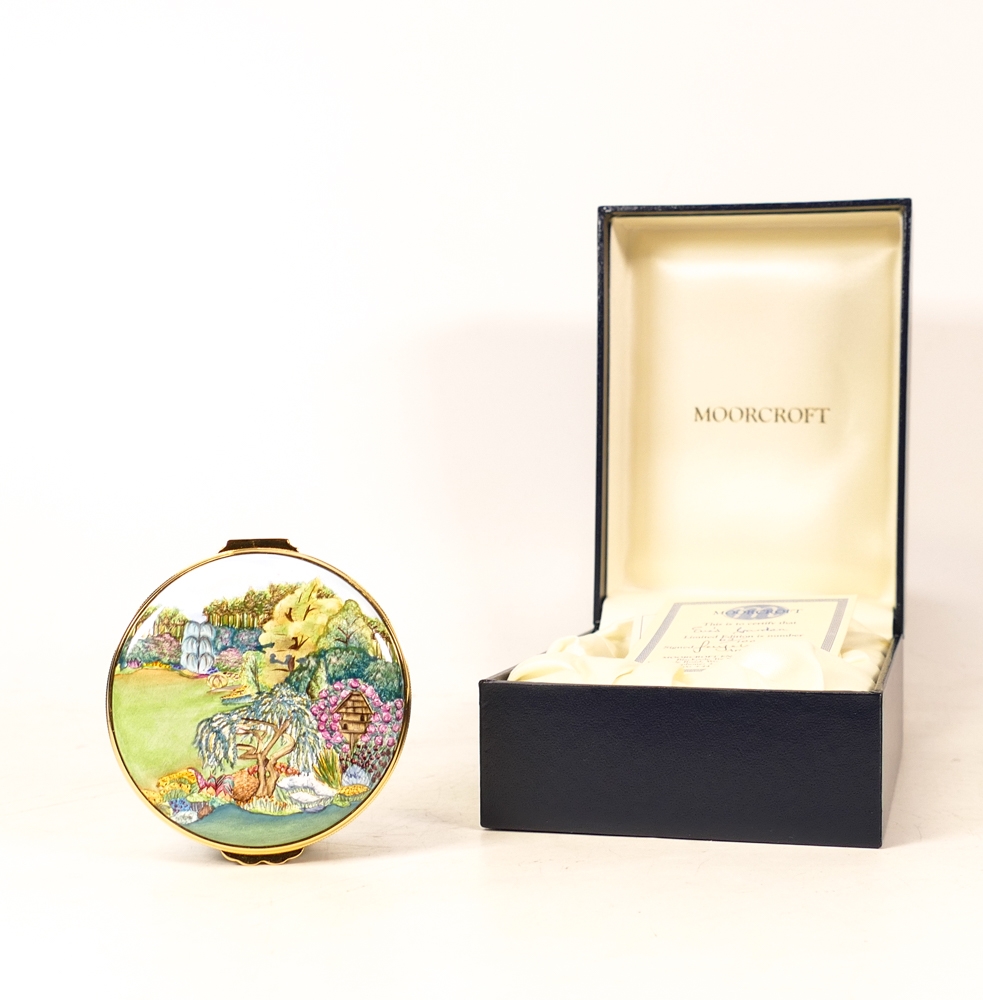 Moorcroft enamel Eve's Garden round lidded box by Faye Williams , Limited edition 62/100. Boxed with