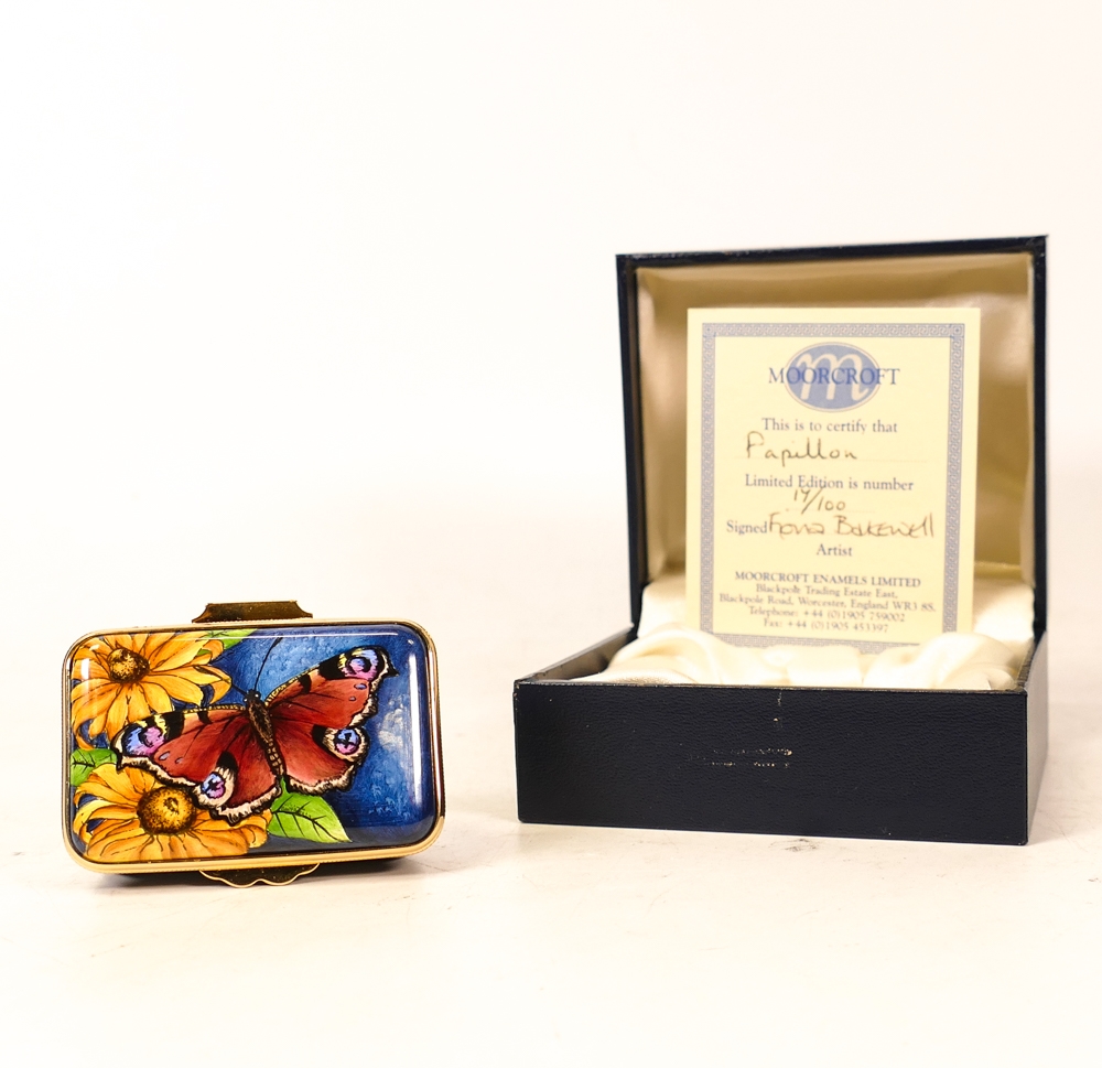 Moorcroft enamel Papillon Butterfly lidded box by Fiona Bakewell , Limited edition 17/100. Boxed
