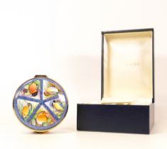Moorcroft enamel Le Jardin round lidded box by Faye Williams , Limited edition 77/150. Boxed with