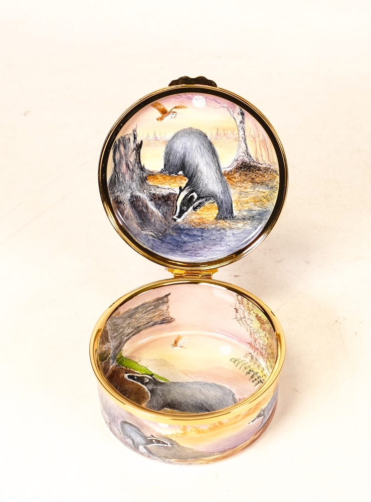 Moorcroft enamel Badgers Moon round lidded box by Peter Graves , Limited edition 41/50. Boxed with - Image 6 of 7