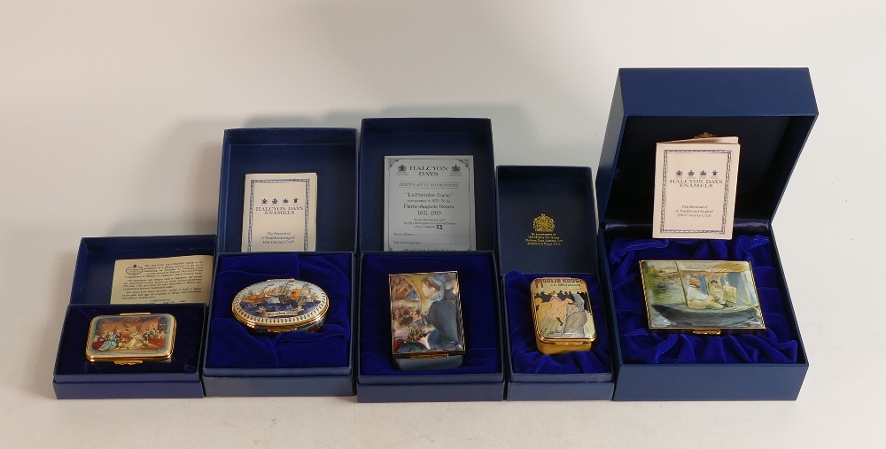 Halcyon days enamelled lidded boxes to include Monet The Barge, Beggars opera, Moulin Rouge, La