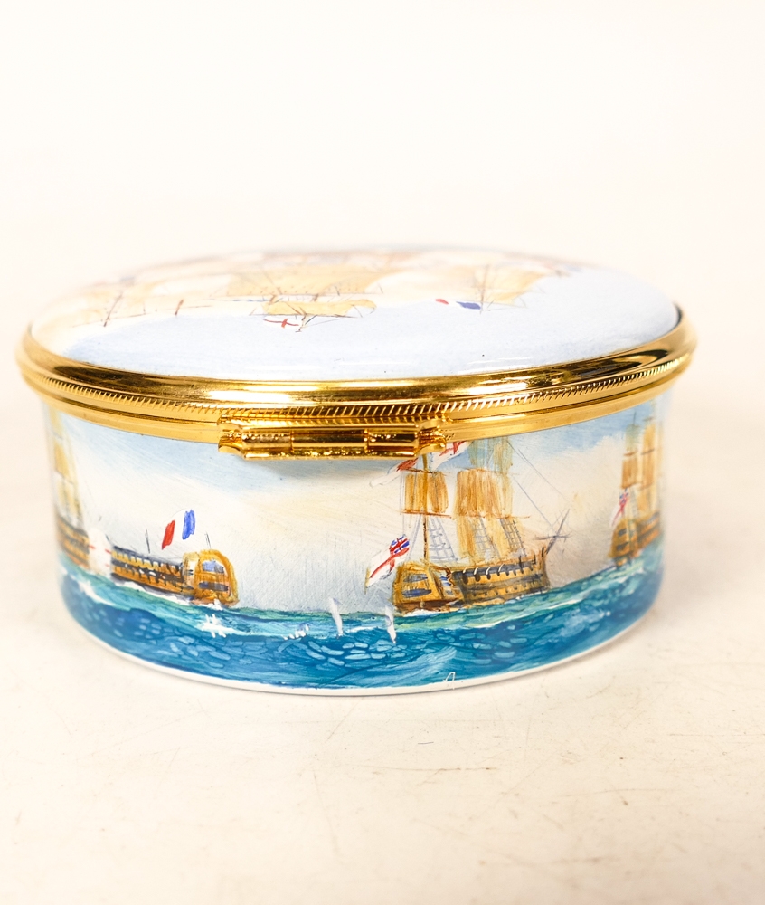 Moorcroft enamel Broadside round lidded box by Peter Graves , Limited edition 16/25. Boxed with - Image 3 of 7