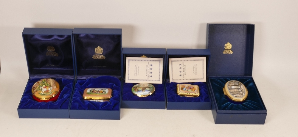 Halcyon days enamelled lidded boxes to include Chatsworth, Mulberry ...