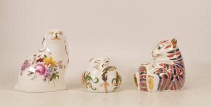 Royal Crown Derby paperweights Sleeping Dormouse, Tiger Cub and Posie Spaniel, gold stoppers, each