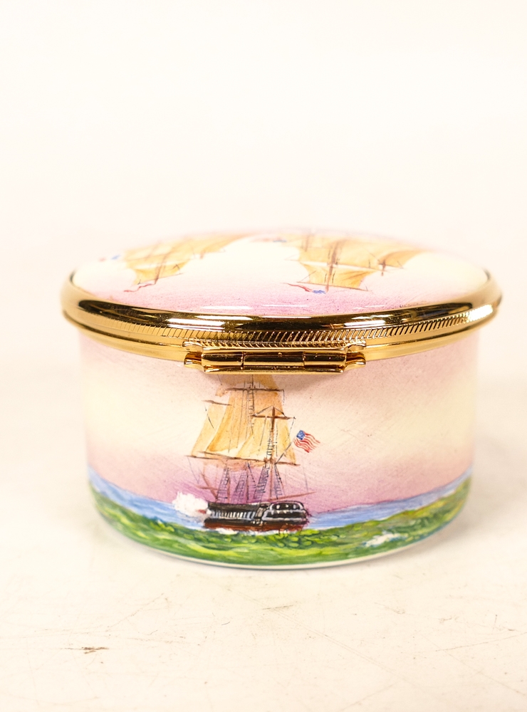 Moorcroft enamel USS Constitution round lidded box by Peter Graves , Limited edition 1/15. Boxed - Image 3 of 7
