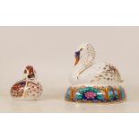 Royal Crown Derby paperweights swan & Swimming Duckling, gold stoppers, each boxed (2)