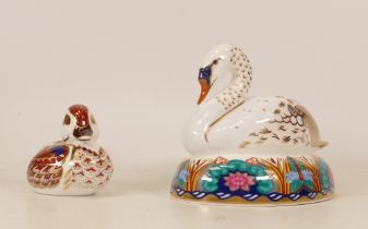 Royal Crown Derby paperweights swan & Swimming Duckling, gold stoppers, each boxed (2)