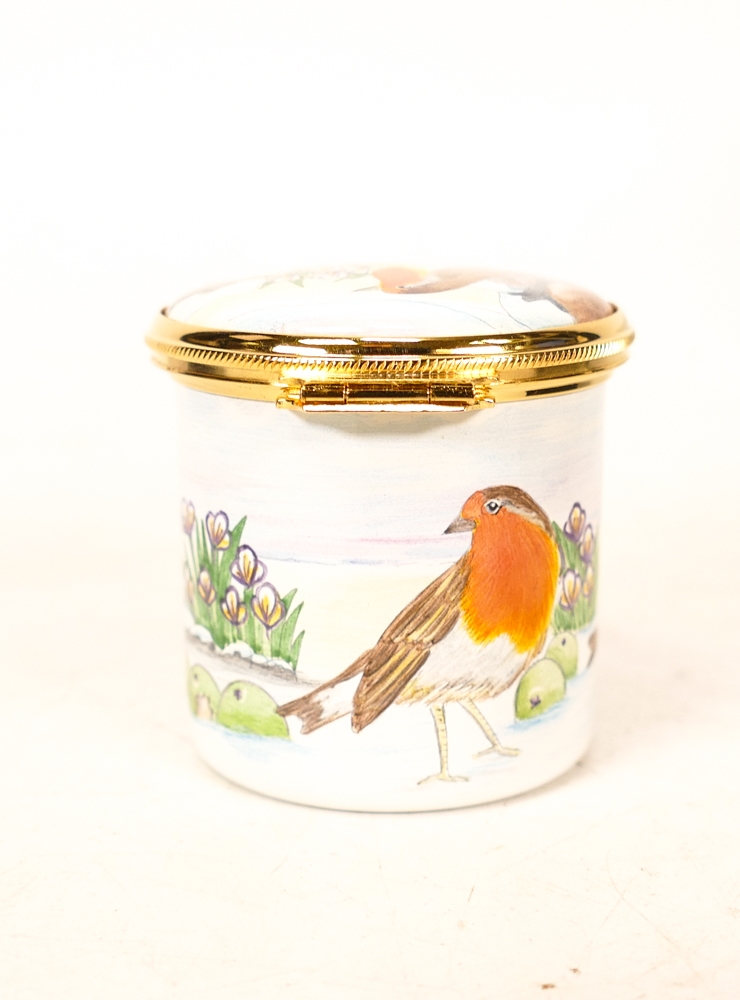 Moorcroft enamel Last snow of winter round lidded box by R Douglas Ryder , Limited edition 19/50. - Image 3 of 7