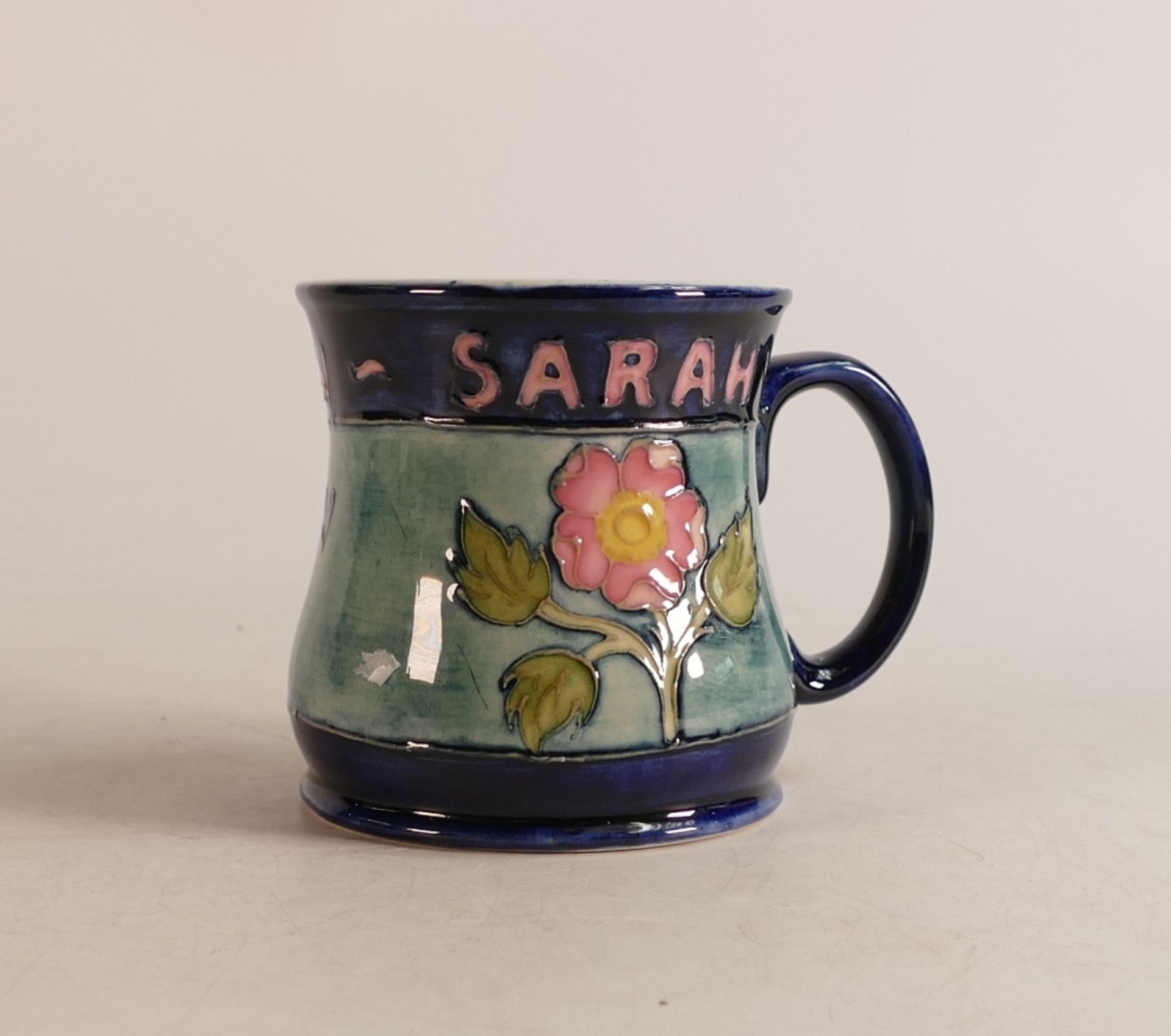 Moorcroft Commemorative mug for Sarah and Andrew.