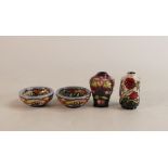 Two Moorcroft miniature bowls together with Wild Poppy Dance vase and Fuchsia vase, height 5.5cm (4)