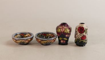 Two Moorcroft miniature bowls together with Wild Poppy Dance vase and Fuchsia vase, height 5.5cm (4)