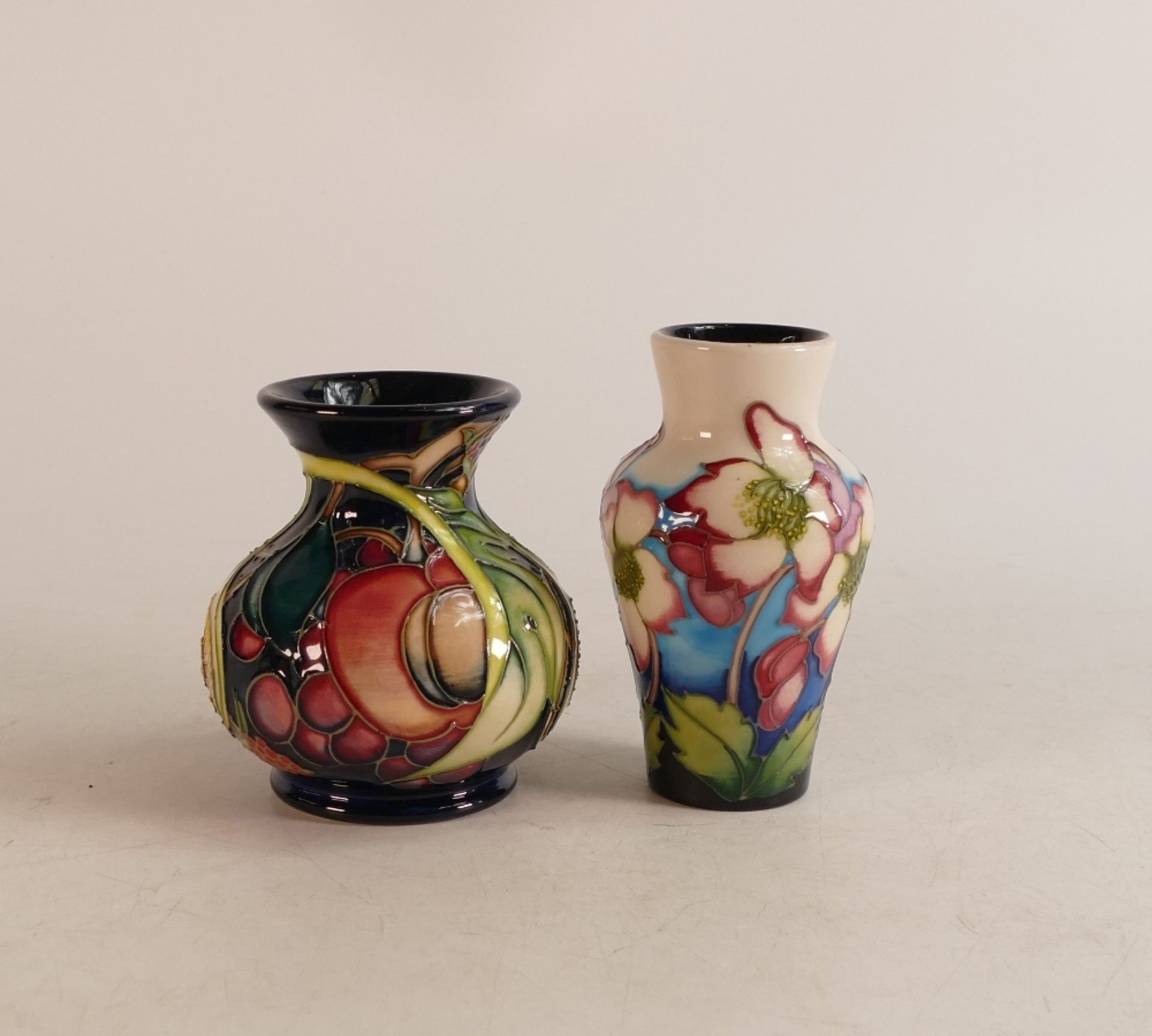 Moorcroft Queens Choice patterned vase (silver lined seconds, slight crazing) together with white/