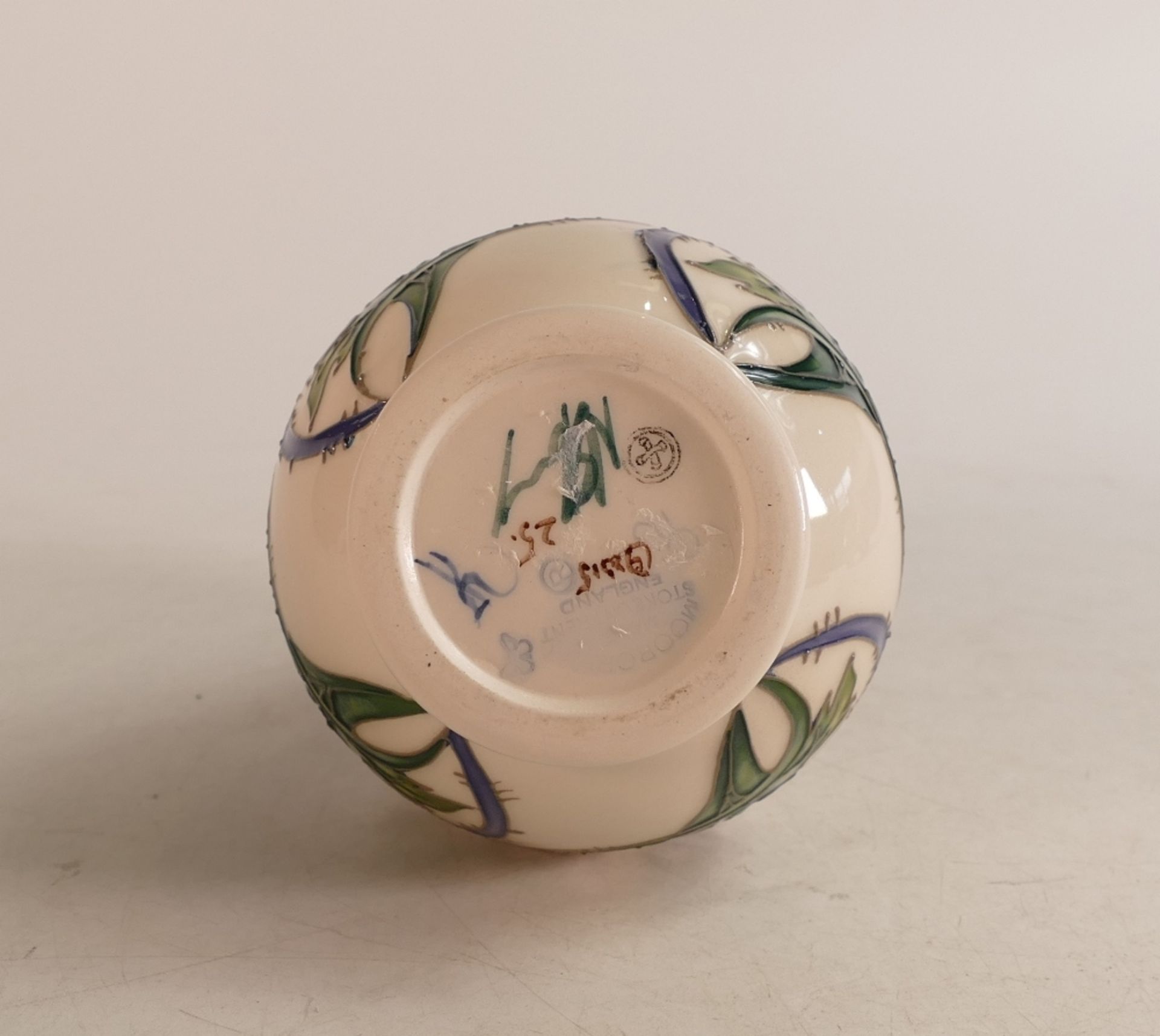 Moorcroft white/ pink floral vase on white/blue faded ground, number edition 25, signed Nicola - Image 2 of 2