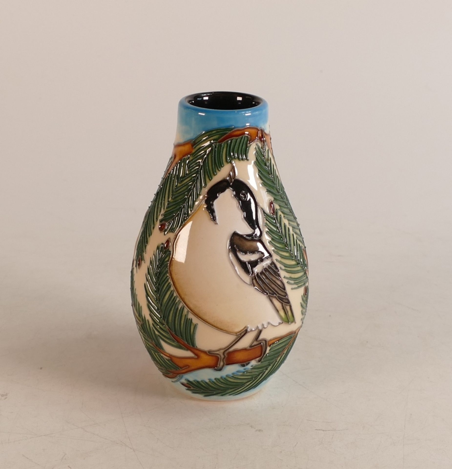 Moorcroft Collectors club piece decorated with great tits. Dated 2015, height 12.5cm