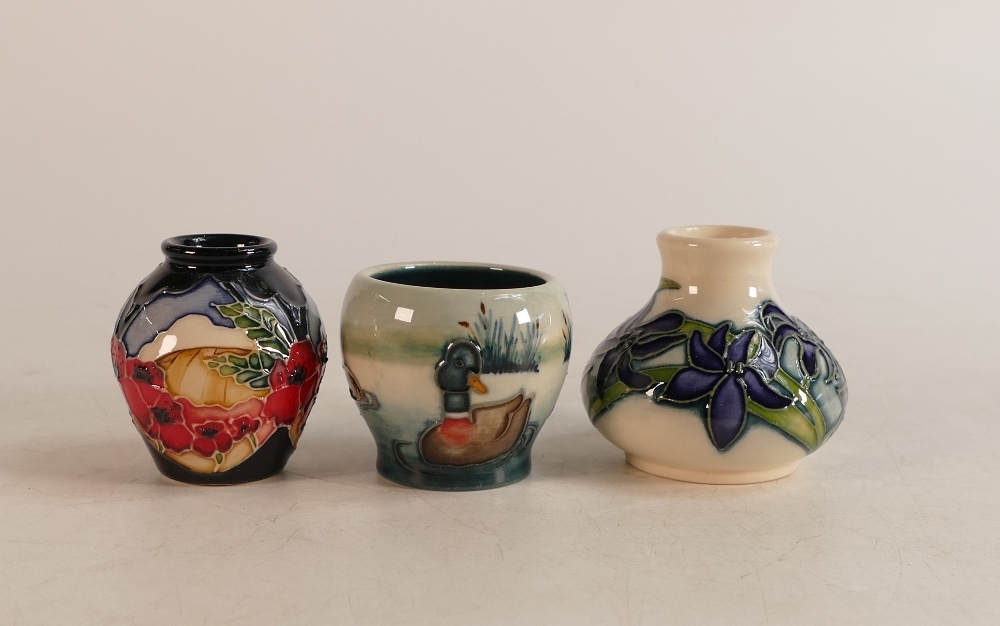 Moorcroft Forever England Vase, Bluebell Squat Vase and Mallard Duck egg cup, height 6cm