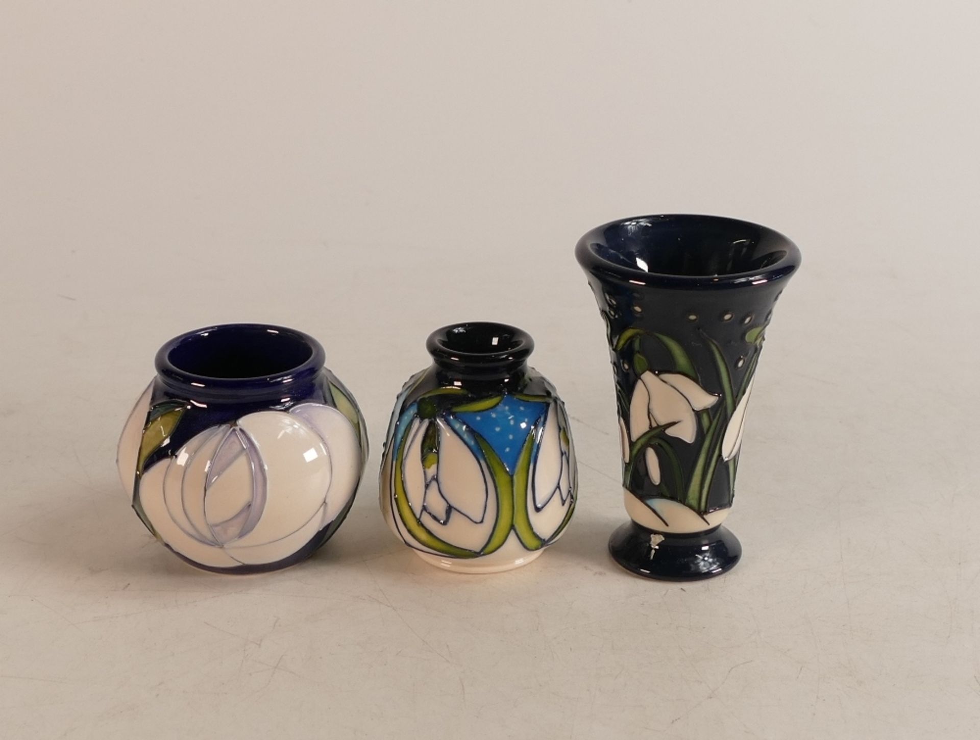 Moorcroft Snow Fairy flared vase together with White Rose Vase and Snowdrop vase, height 8cm