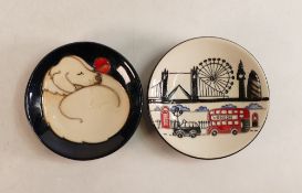 Two Moorcroft Pin Dishes to include City of London themed pin dish and Sleeping Puppy themed pin