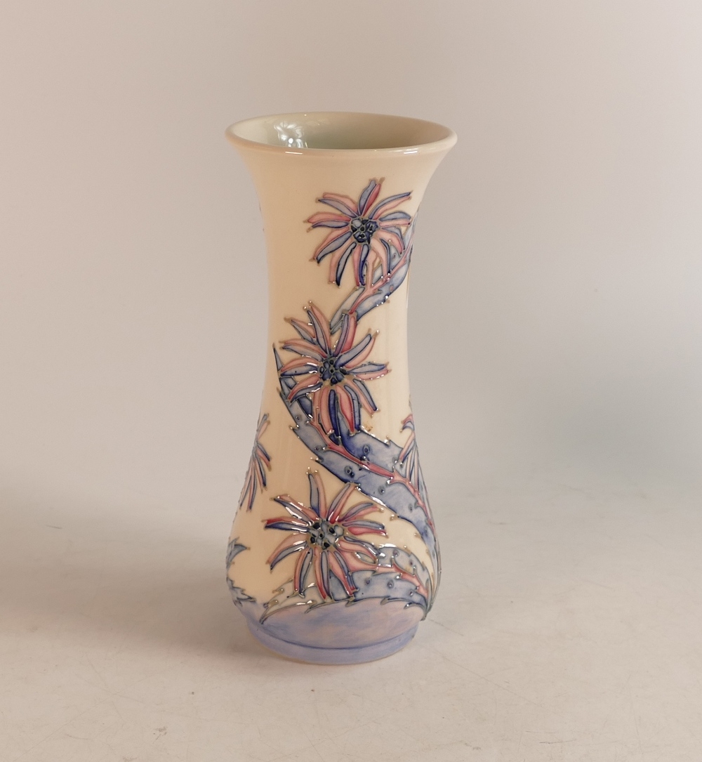 Moorcroft pink and blue daisy vase. Collectors club piece , initial WM. Height 20.5cm