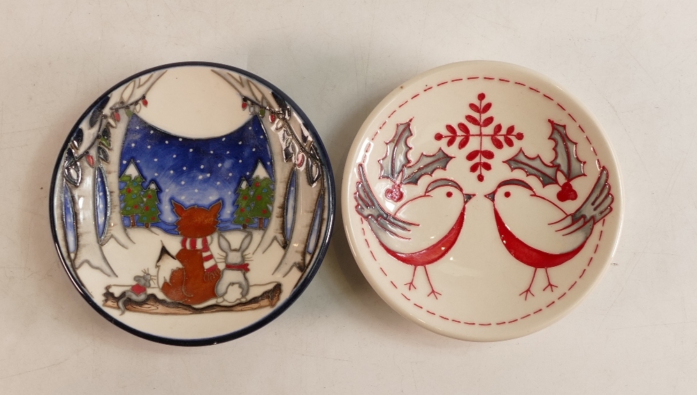 Two Moorcroft Pin Dishes to include Christmas Robins and Woodland Story (2)