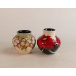 Moorcroft Paradise With Pansies vase together with Moorcroft Scarlet vase, height of tallest 9cm (2)