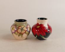 Moorcroft Paradise With Pansies vase together with Moorcroft Scarlet vase, height of tallest 9cm (2)