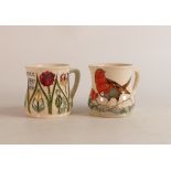 Two Moorcroft mugs to include MCC 1897-1997 (crazed) and Robin mug (2)