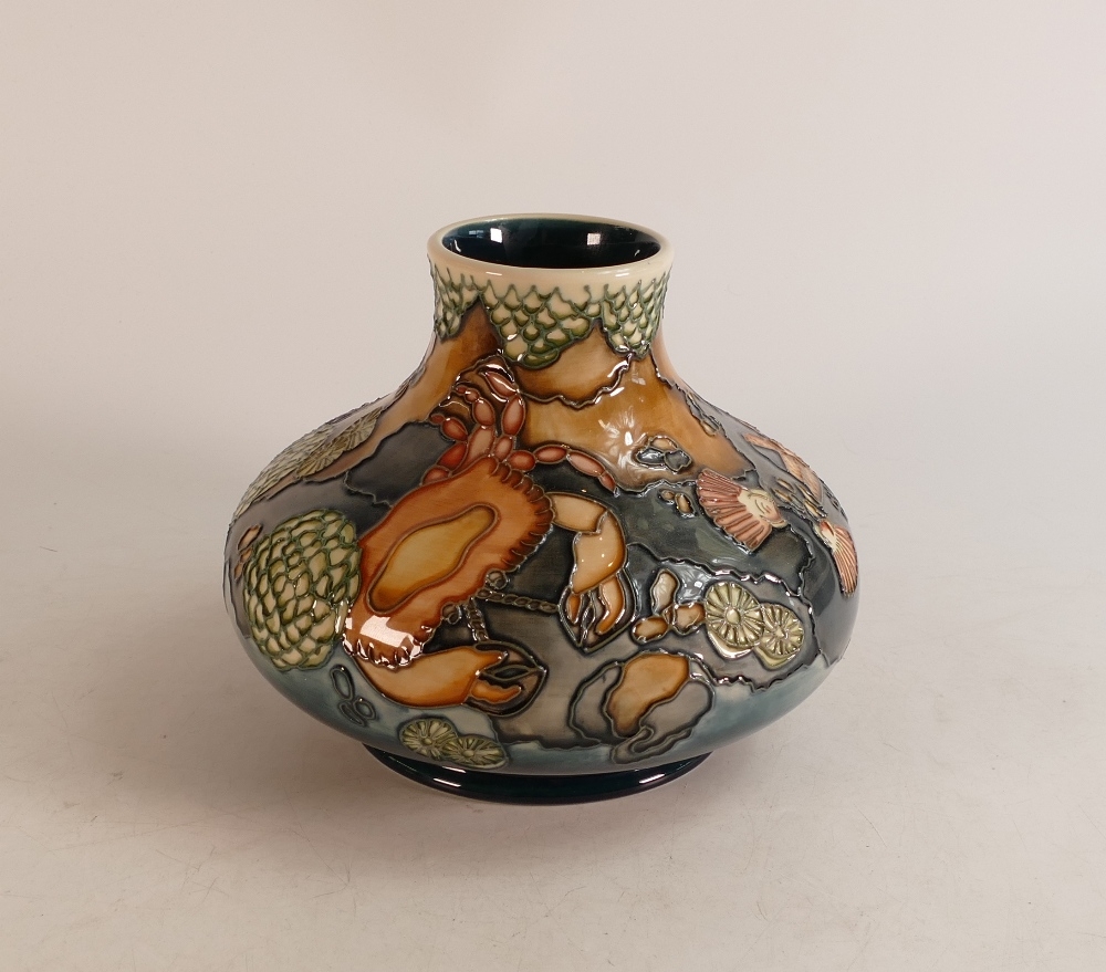 Moorcroft pottery squat circular vase, tube-lined Rock Pool pattern by Anji Davenport. Height 17.5