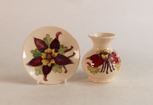 Moorcroft Columbine patterned pin dish and vase, height of tallest