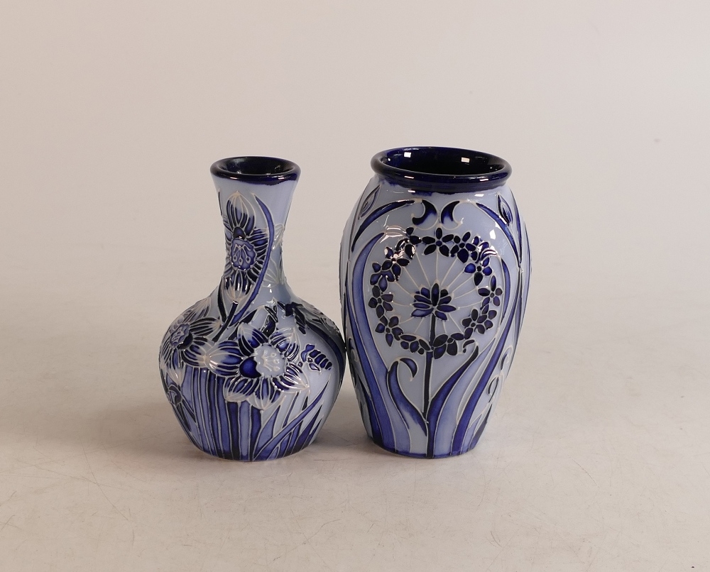 A small Moorcroft blue on blue Leila vase together with Blue on Blue Daffodils, height 10.5cm
