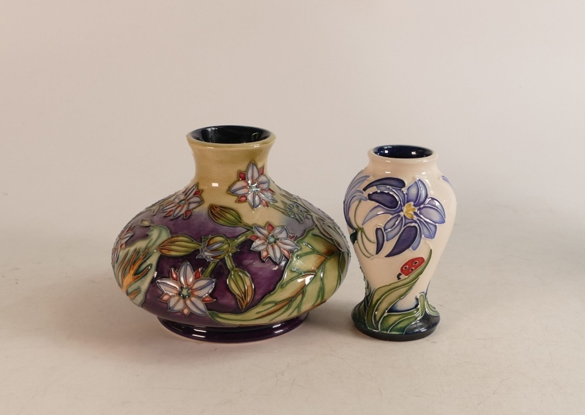 Moorcroft Borage pattern squat vase designed by Philip Gibson for the Herb Collection, D14cm x H11cm