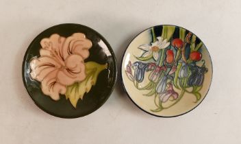 Moorcroft Mild Meadow pin dish together with Hibiscus on green ground pin dish (2)