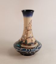 Moorcroft vase decorated with Ships: 'Launching Liberty" by Paul Hilditch 2015, height 30cm. Red dot