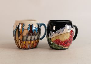 Two Moorcroft Mugs to include trial mug of terraced houses with kilns in background (dated 24.11.14)